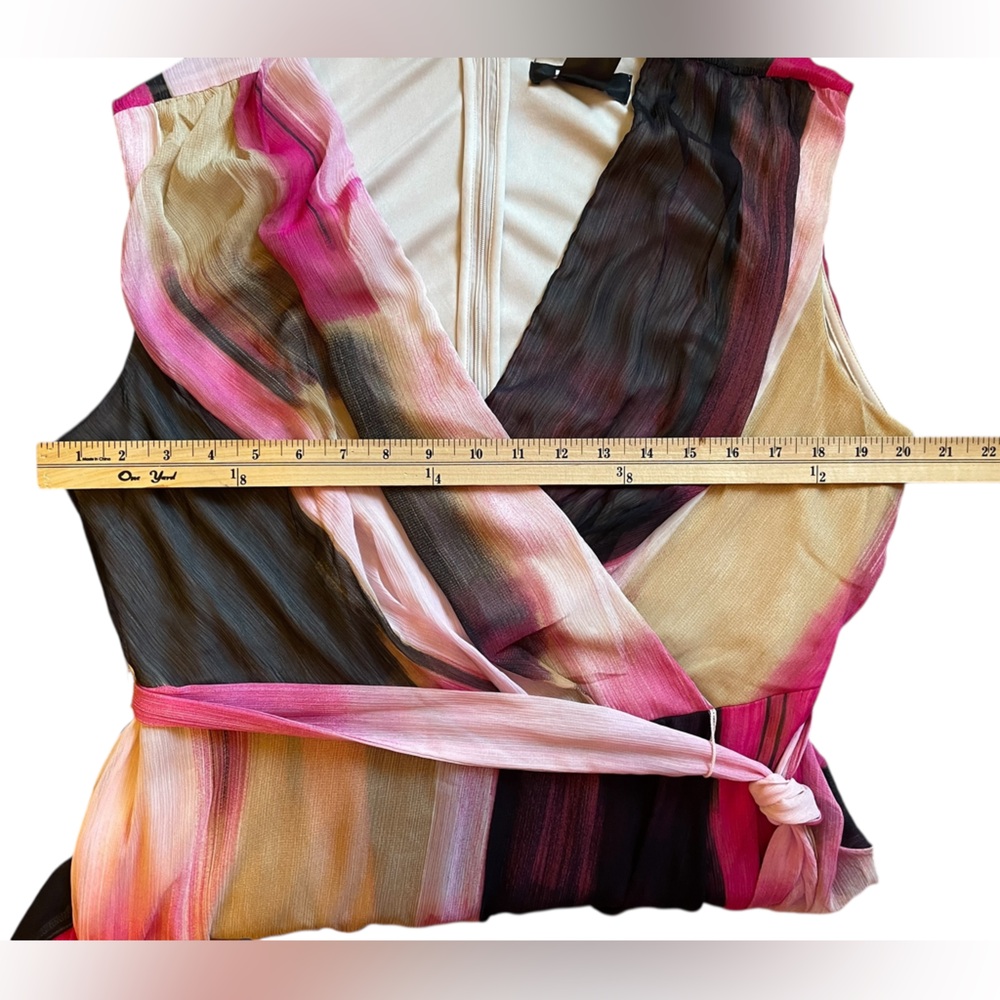 DKNY Pink/Black/Beige Print V-Neck Surplice Tie-Waist High-Low Dress - Size 14W - Picture 14 of 16